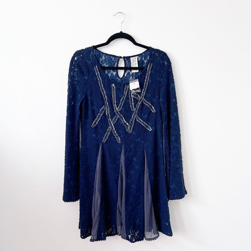 Nwt free people blue sheer lace beaded bell sleeve witchy dress